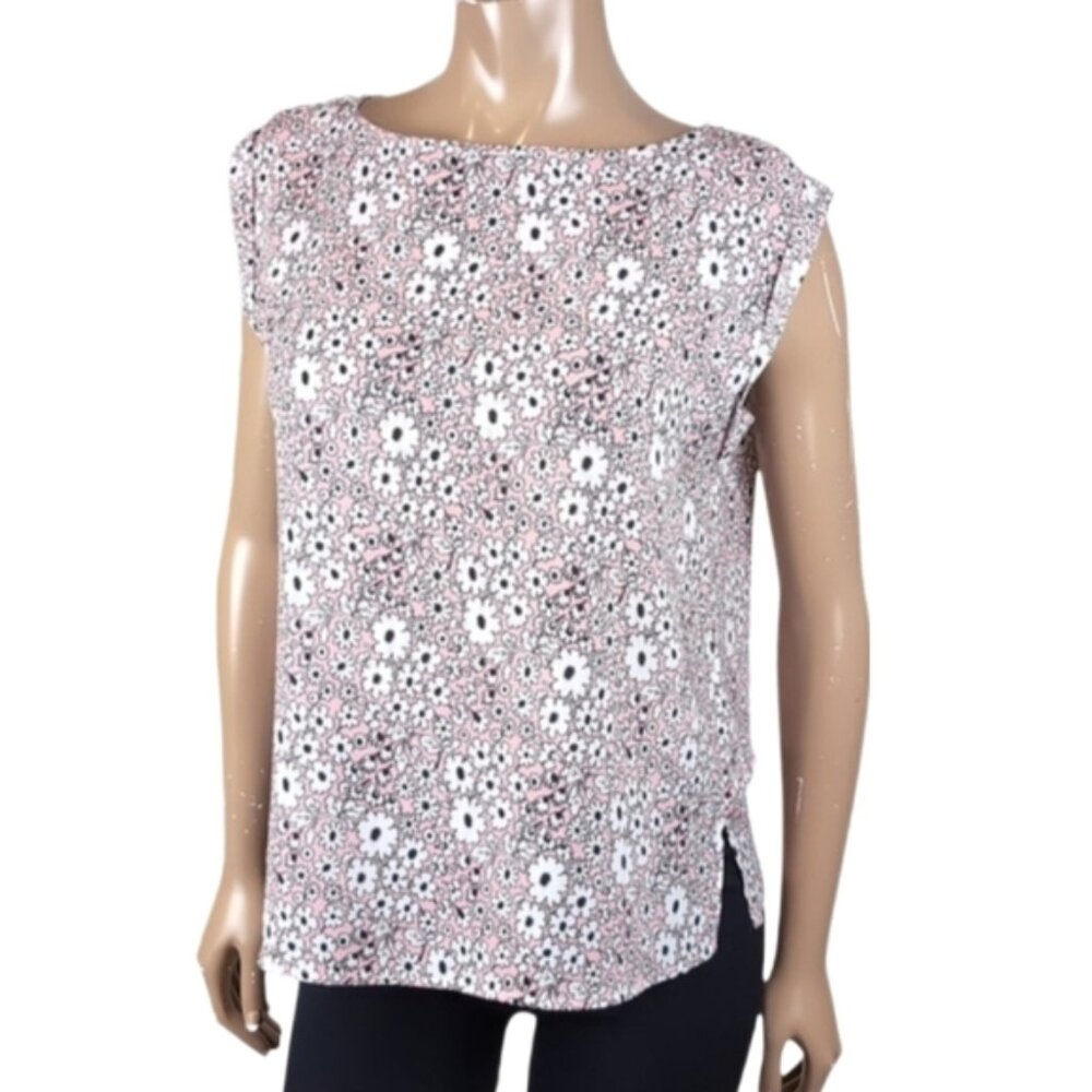 Joe Fresh Floral Top Womens Size Medium Pink White Short Sleeve Dolman Blouse